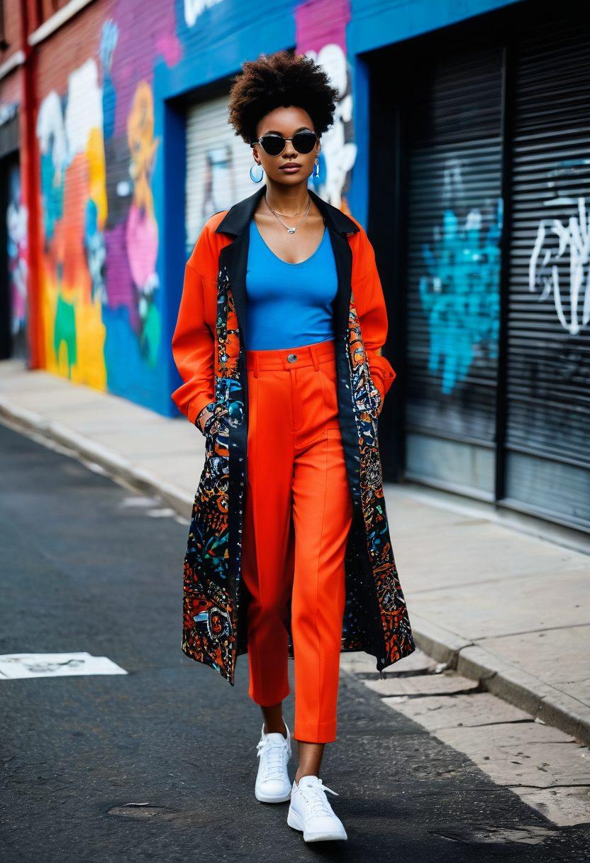 A stylish individual navigating a vibrant urban landscape, showcasing a fusion of bold fashion choices and accessories that exemplify empowerment and confidence. Incorporate diverse styles from streetwear to haute couture, layered with inspirational quotes on self-expression floating in the background. The scene should radiate energy and positivity, inviting viewers to embrace their unique fashion sense. colorful and dynamic. super-realistic.