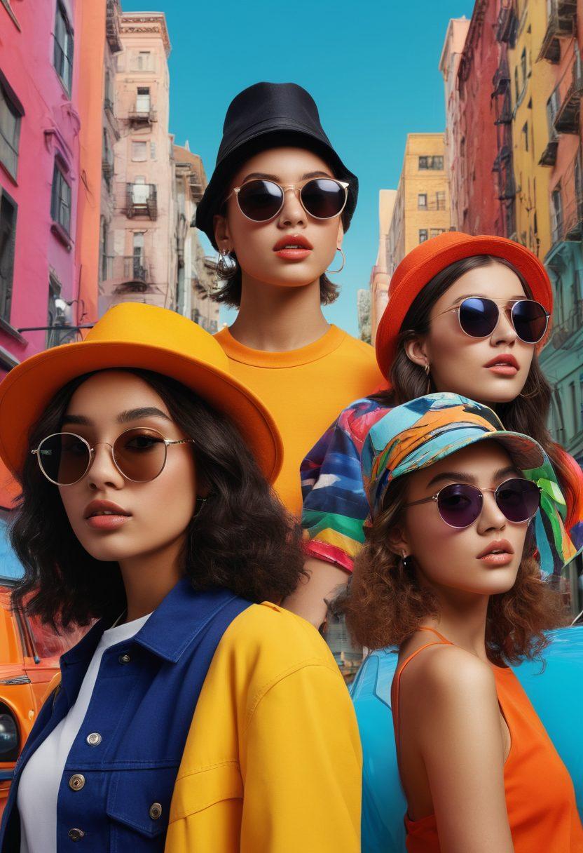 A vibrant collage depicting diverse teens showcasing various fashion styles, from streetwear to high fashion, surrounded by fashion icons and playful accessories. Include a background of cityscapes and nature to symbolize creativity and expression. Emphasize a youthful energy with bold colors and dynamic poses. super-realistic. vibrant colors. 3D.